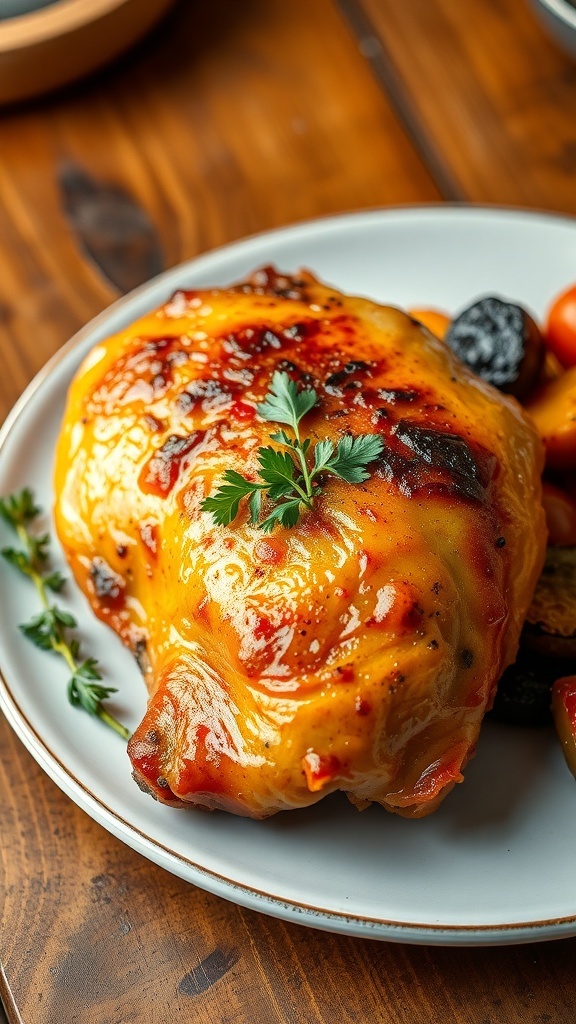 Oven-baked chicken thigh with crispy skin, served with roasted vegetables on a rustic table.